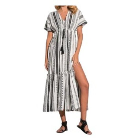 Elan Maxi Short Sleeve Dress Black/White Medium NWT - Picture 1 of 2